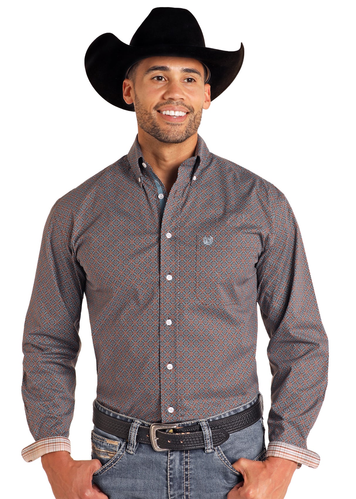 Panhandle Western Wear Rough Stock Long Sleeve Button Down - Brown Geometric