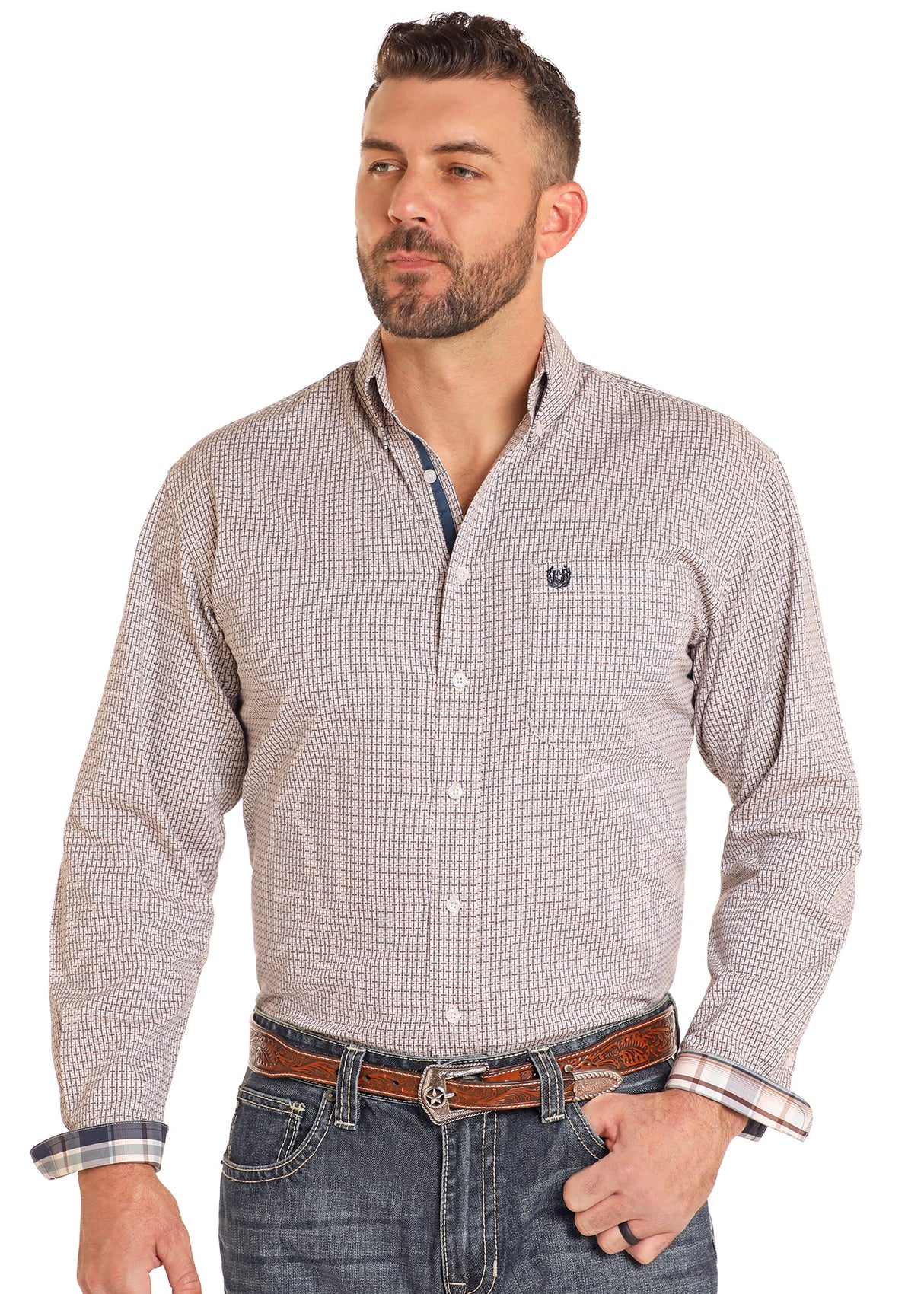 Panhandle Western Wear Rough Stock Long Sleeve Button Down - Brown Dobby