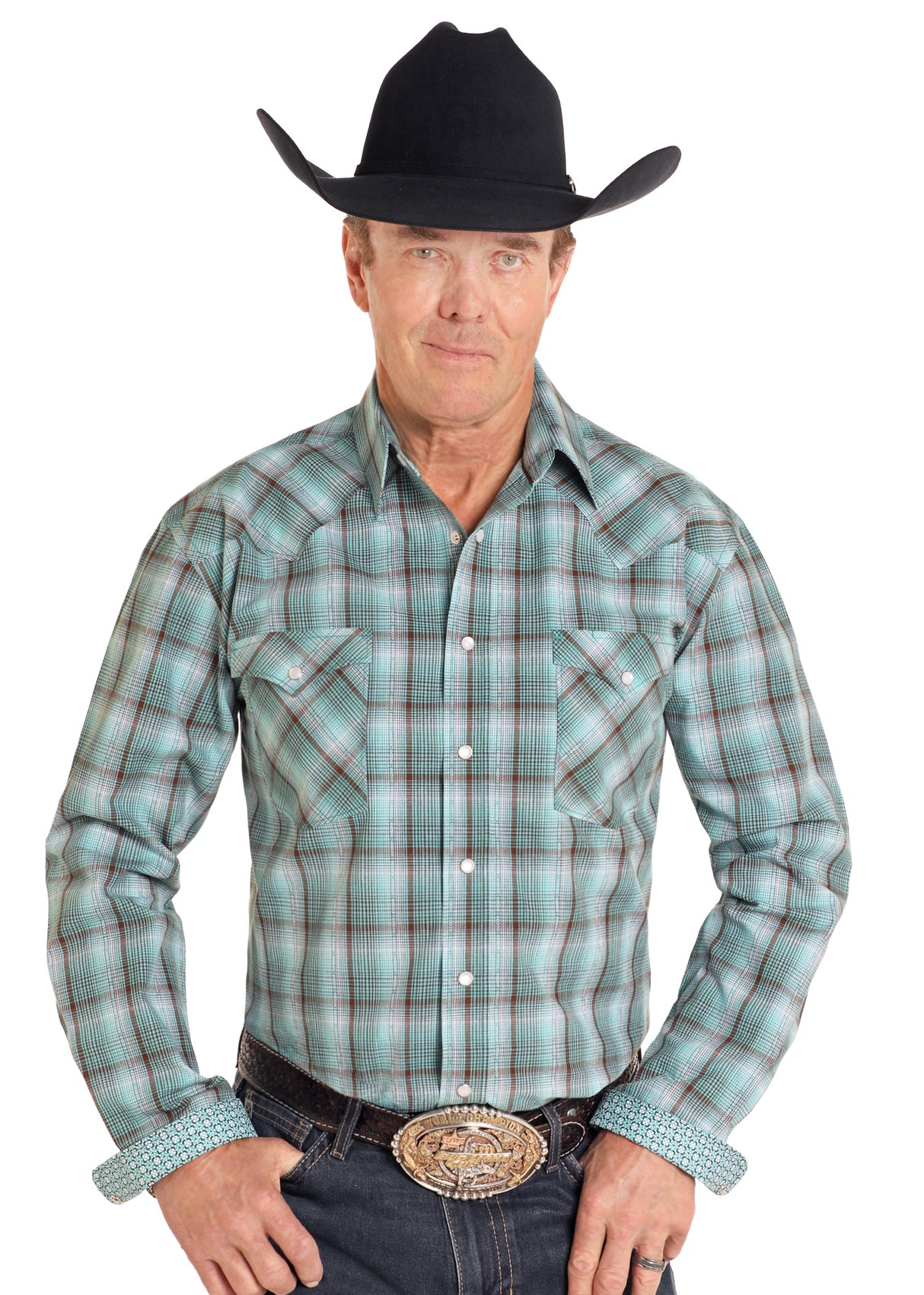 Panhandle Western Wear Rough Stock Long Sleeve Shap Shirt - Turquoise Dobby
