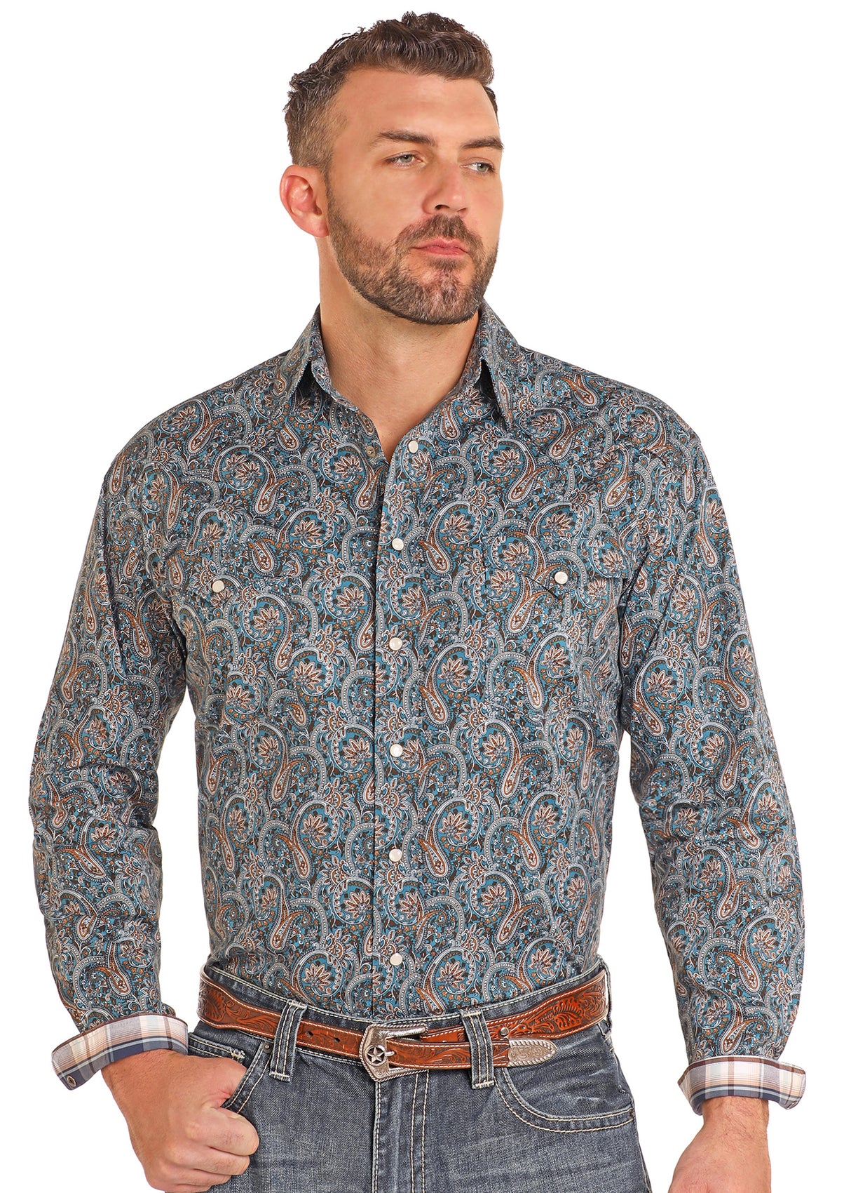 Panhandle Western Wear Rough Stock Long Sleeve Shap Shirt - Teal Paisley