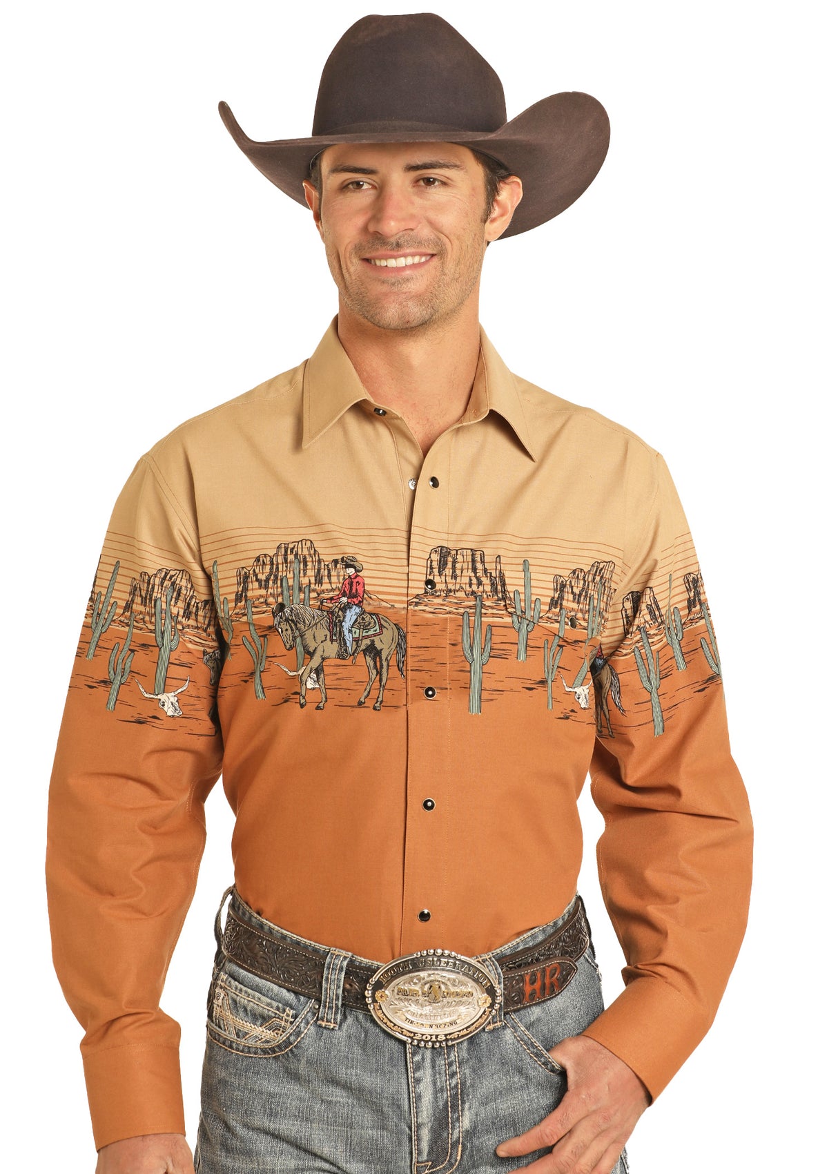 Panhandle Western Wear Horse & Rider Border Snap Shirt - Camel