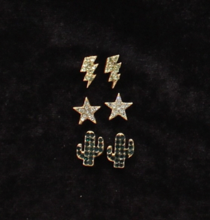 Silver Strike 3 Pair Western Stud Earring Set - Cactus, Star & Lighting Bolt