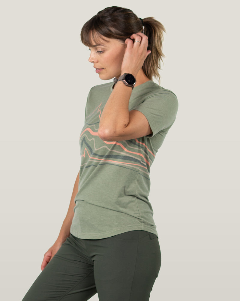 Belong Designs Womens Graphic Traverse Tek Tee Sage mountain brush