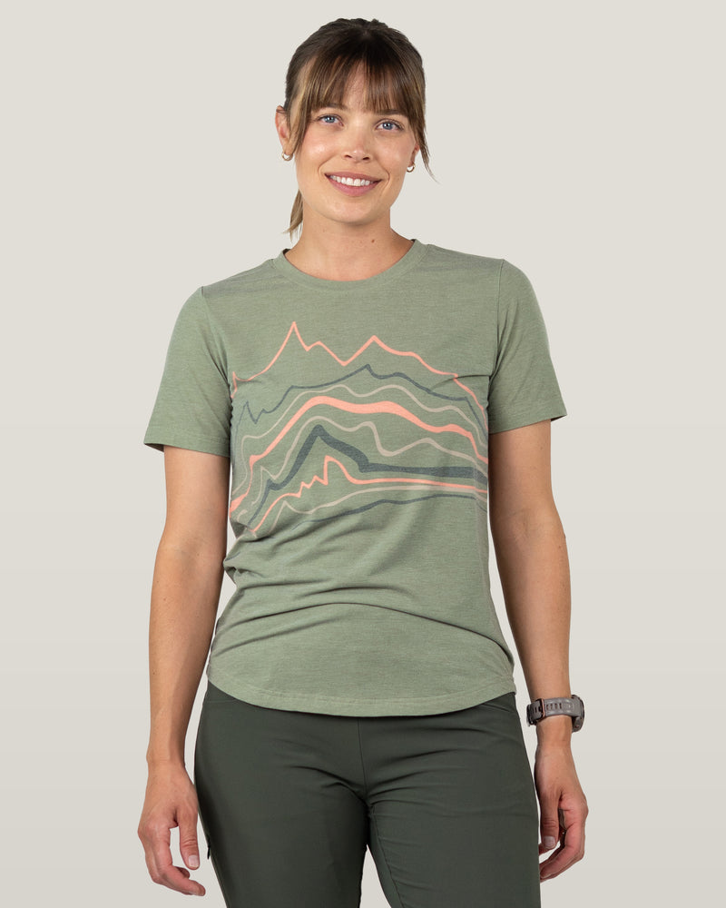 Belong Designs Womens Graphic Traverse Tek Tee Sage mountain brush