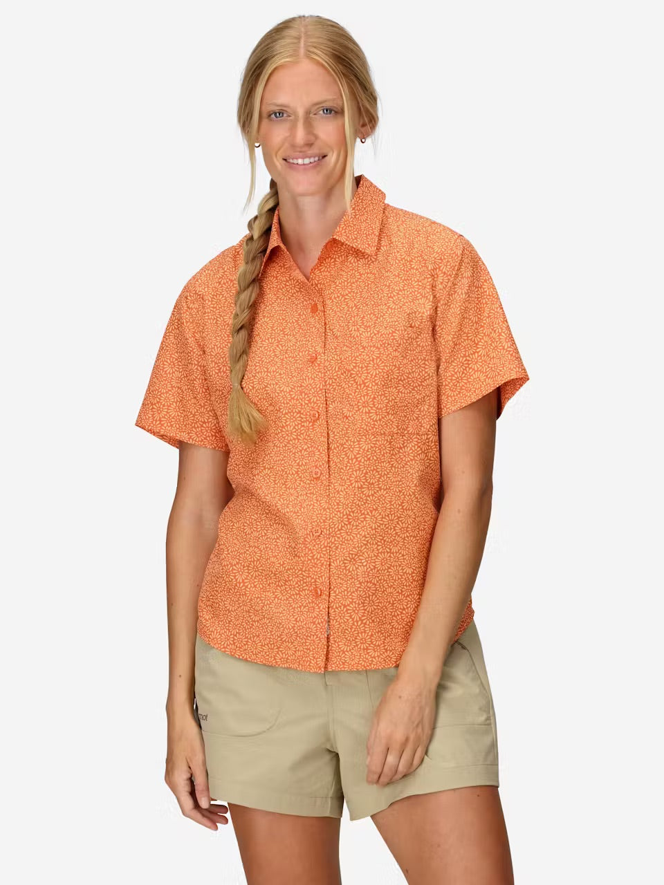 Marmot Womens AirExchange Novelty Short Sleeve Collared Shirt UPF 40 - Pomelo Mini Bloom
