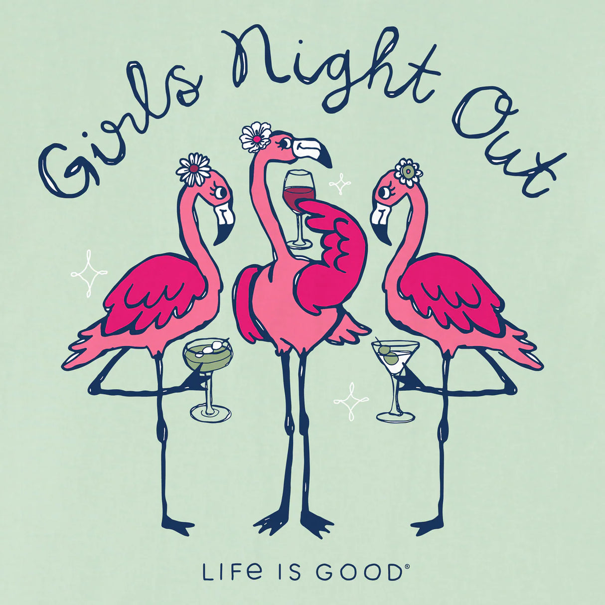 Life Is Good Womens Girls Night Out Flamingo Short Sleeve Crusher Vee - Sage Green