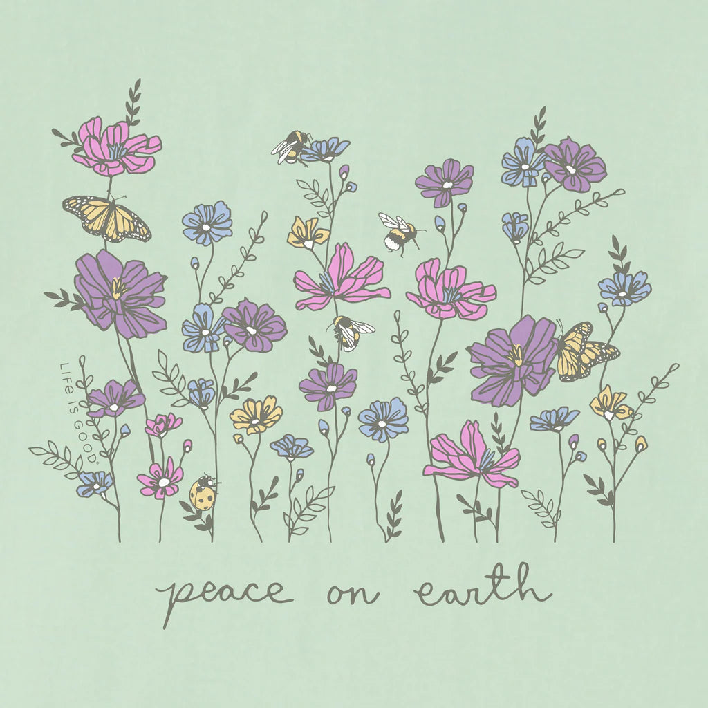 Life Is Good Womens Peaceful Wildflowers & Insects Short Sleeve Crusher Tee - Sage Green