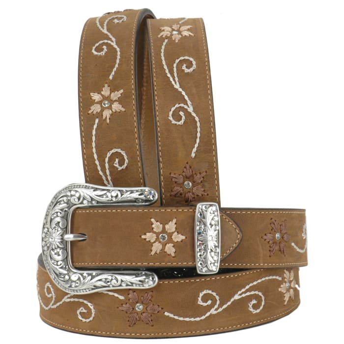 Nocona Womens Floral Rhinestone Embroidered Leather Belt - Medium Brown Bay Apache Brown / / 1-1/2 in.