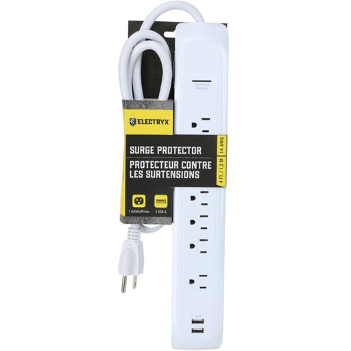 Electryx 7-Outlet Surge Protector with 2 USB Ports - 4ft Cord 4FT / White