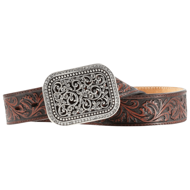 Ariat Womens Rhinestone Filigree Belt - Brown Tooled Brown Tooled / / 1-1/2 in.