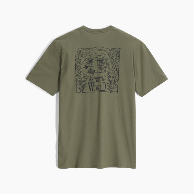 Royal Robbins Mens RR Graphic Tee - Fiddlehead Green World Print Fiddlehead Green World Print