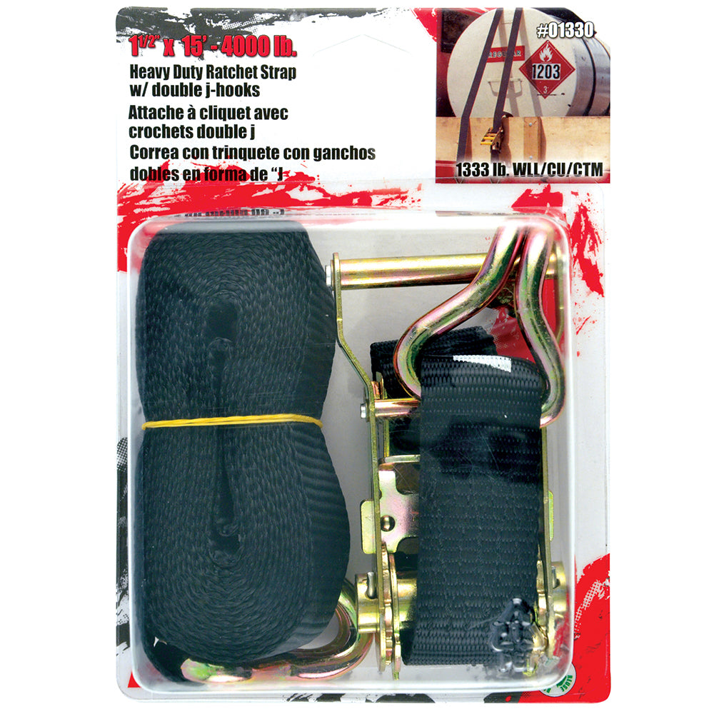 Erickson 1.5″ x 15′ 4000 lb. Ratchet Strap
with Double J-Hooks BLK / / 11/2INC15FT
