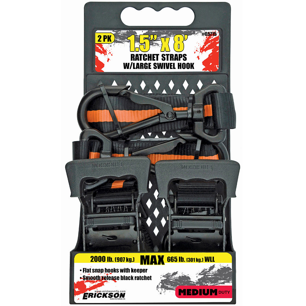 Erickson 2,000 lb "Big Hook" Ratchet Straps, 2-Pack ORG/BLK / / 11/2INX8FT