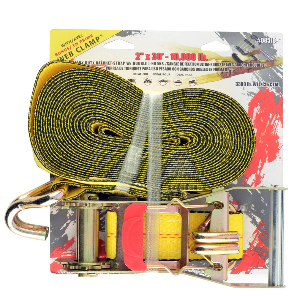 Erickson 2″ x 30′ 10,000 lb Long Handle Ratchet with Double J-Hooks / 2INX30FT