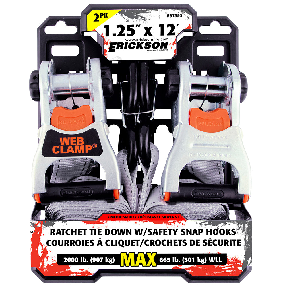 Erickson 1.25″ x 12′ 2000 lb Deluxe Tie-Downs With Web Clamp GRAY / / 1.25INX12FT