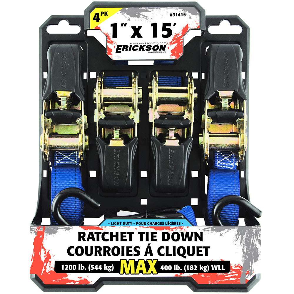 Erickson 4PK 1″ x 15′ 1200 lb. Soft Grip Ratcheting Tie-Downs BLUE / / 1INX15FT