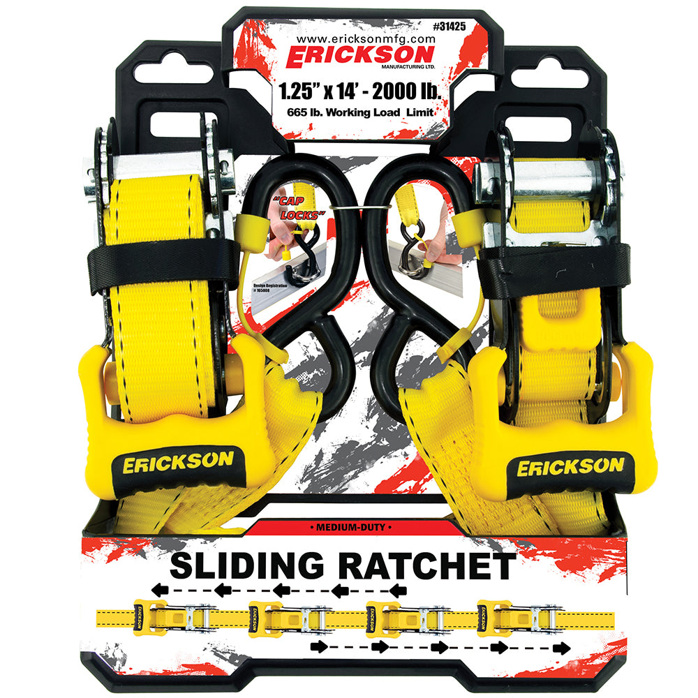 Erickson 1.25″ x 14′ 2000 lb Sliding Ratchet Straps
with Cap Lock® Hooks / 1.25INX14FT