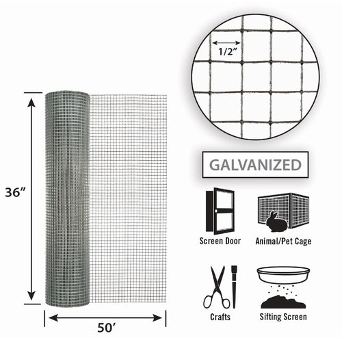 Garden Zone Garden Craft Galvanized Hardware Cloth, 36in x 50ft, 1/2in x 1/2in Openings