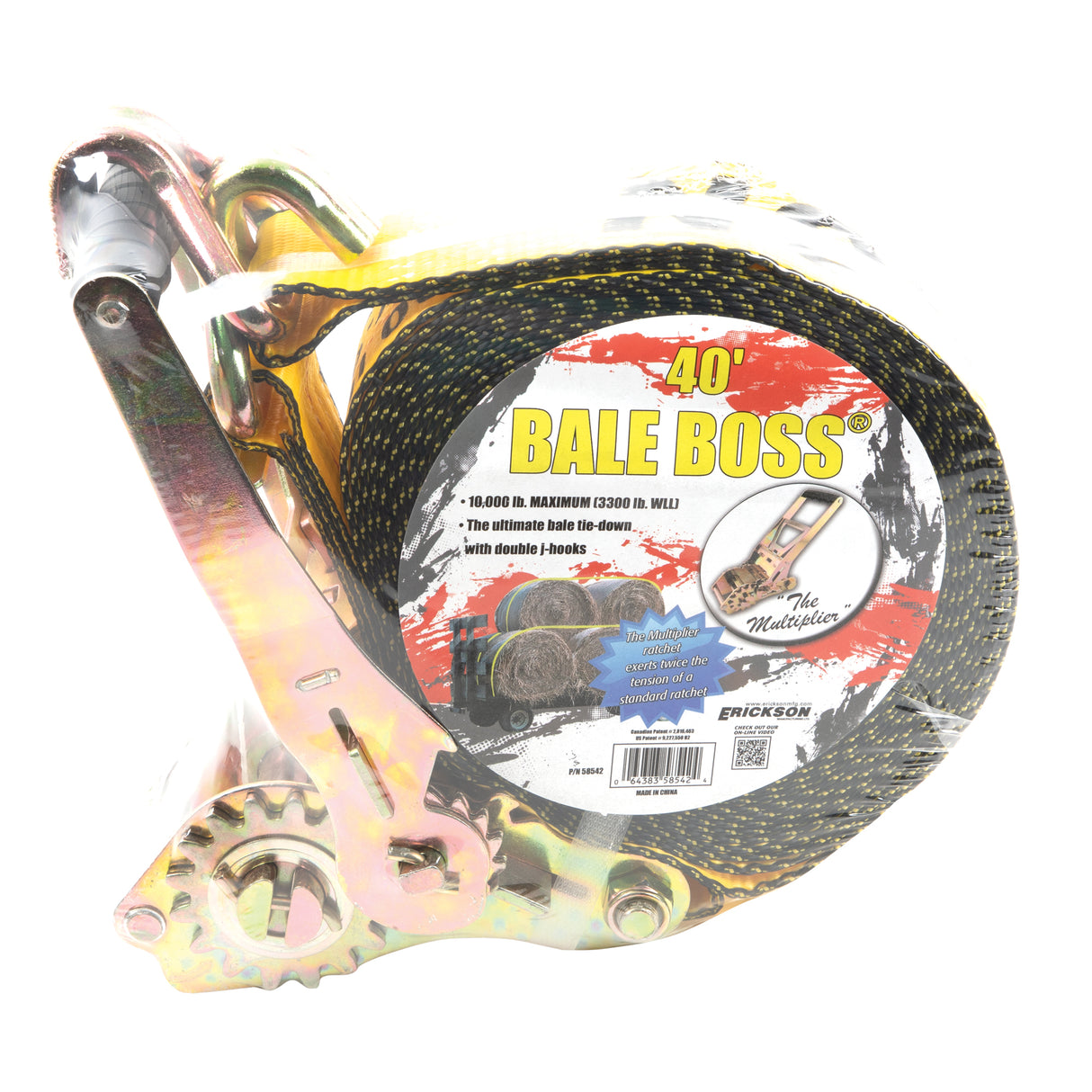 Erickson 2″ x 40′ 10,000 lb Bale Boss® with Multiplier Ratchet and Double J-Hooks