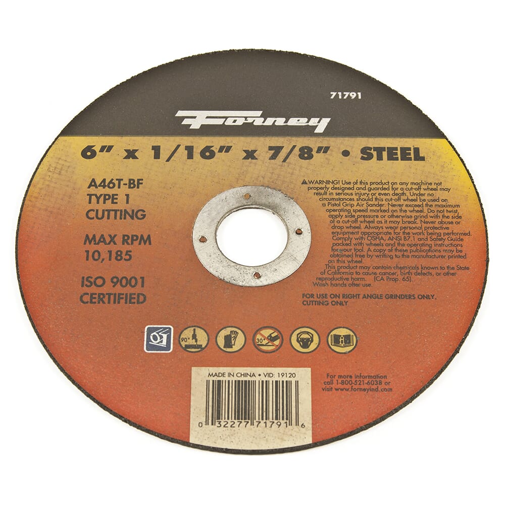 Forney Cut-Off Wheel, Metal, Type 1, 6 in x 1/16 in x 7/8 in