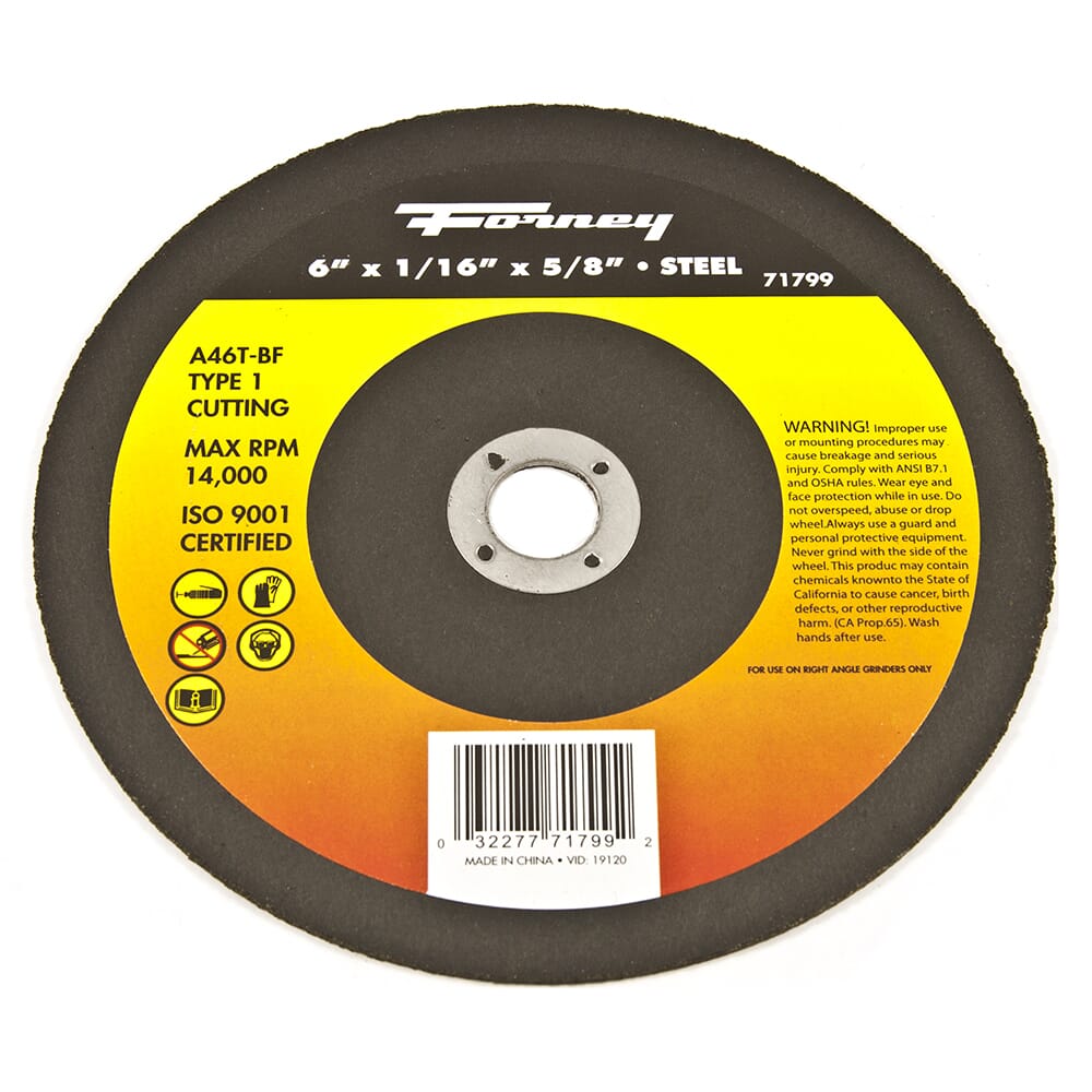 Forney Cut-Off Wheel, Metal, Type 1, 6 in x 1/16 in x 5/8 in