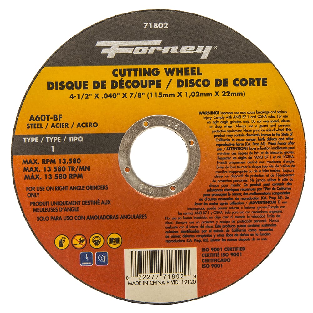 Forney Cut-Off Wheel, Metal, Type 1, 4-1/2 in x .040 in x 7/8 in