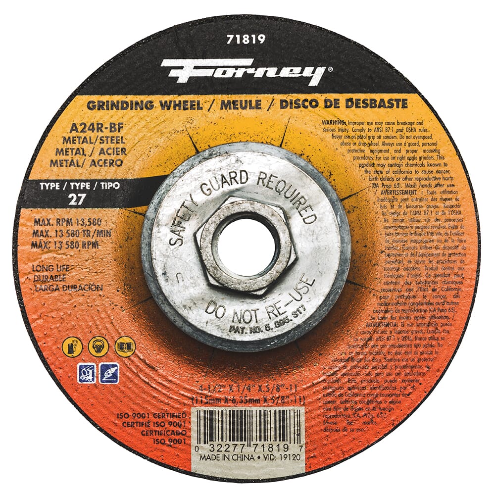 Forney Grinding Wheel, Metal, Type 27, 4-1/2 in x 1/4 in x 5/8 in-11