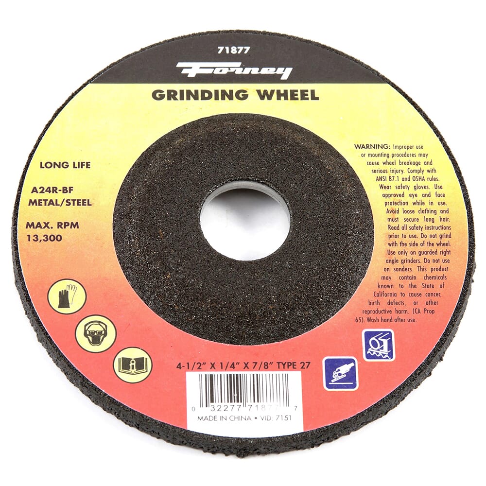 Forney Grinding Wheel, Metal, Type 27, 4-1/2 in x 1/4 in x 7/8 in