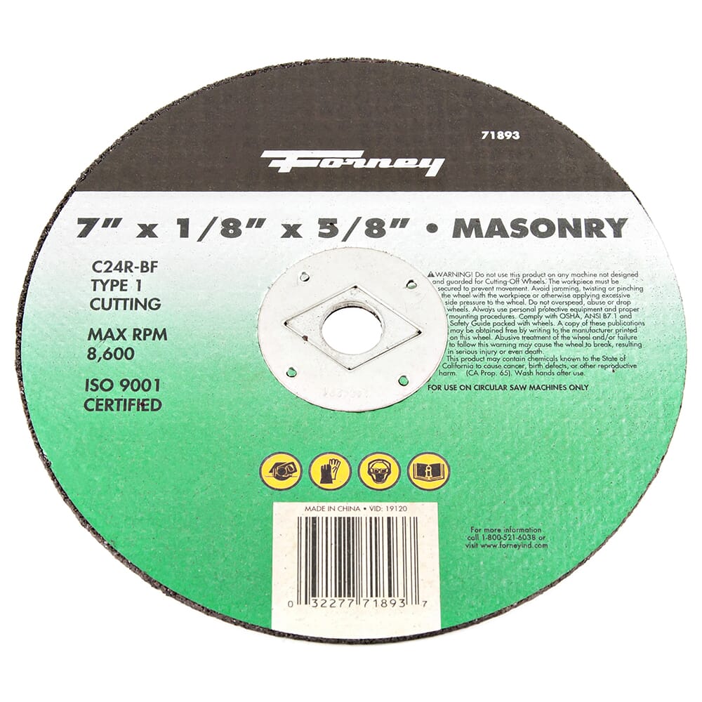 Forney Cutting Wheel, Masonry, Type 1, 7 in x 1/8 in x 5/8 in
