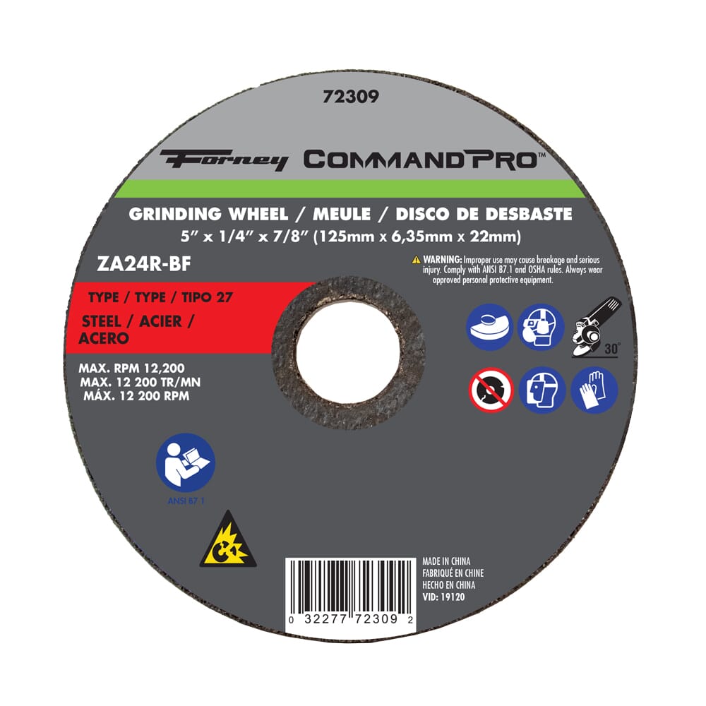 Forney Grinding Wheel, Metal Type 27, 5 in x 1/4 in x 7/8 in