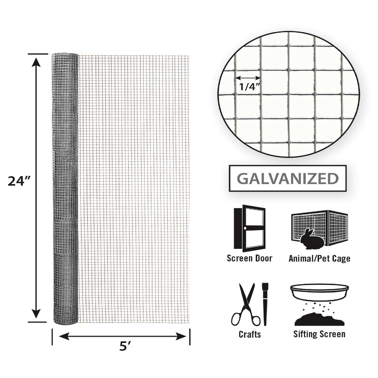 Garden Zone 24in x 5ft Galvanized Hardware Cloth with 1/4in Openings .25IN_2X5FT