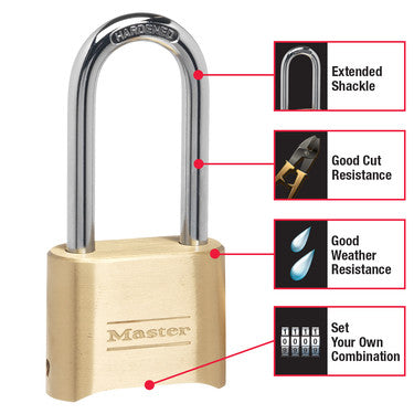 Master Lock Combination Lock, 2in, 2-1/4in Shackle, Resettable
