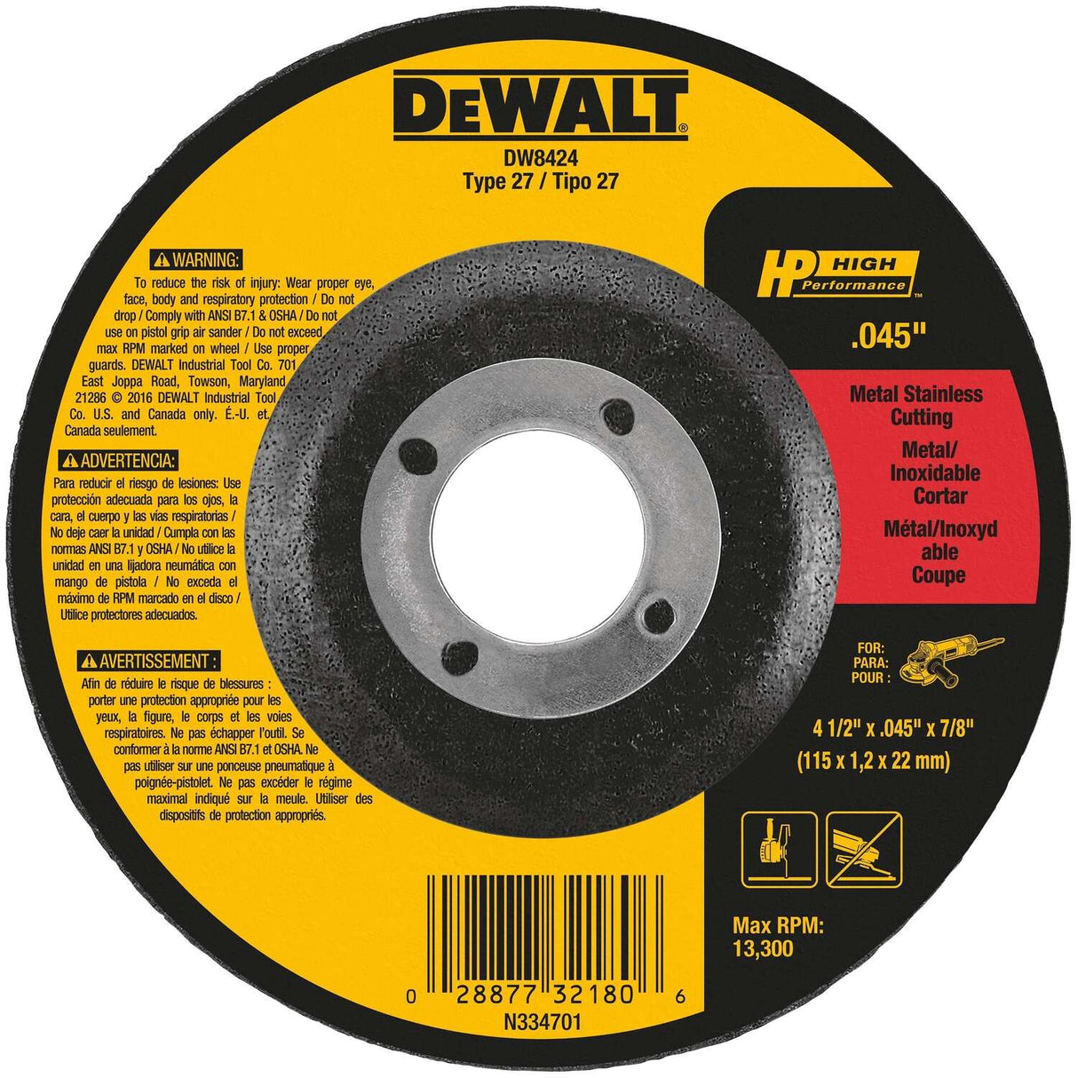 Dewalt 4-1/2 IN. X .045 IN. X 7/8 IN. HP Aluminum Oxide Cut-Off Wheel Type 27 THIN / / 045X7/8