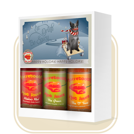HORSETOOTH HOT SAUCE 3 PIECE GIFT BOX RUBINS RED, OFACE, AND GREEN