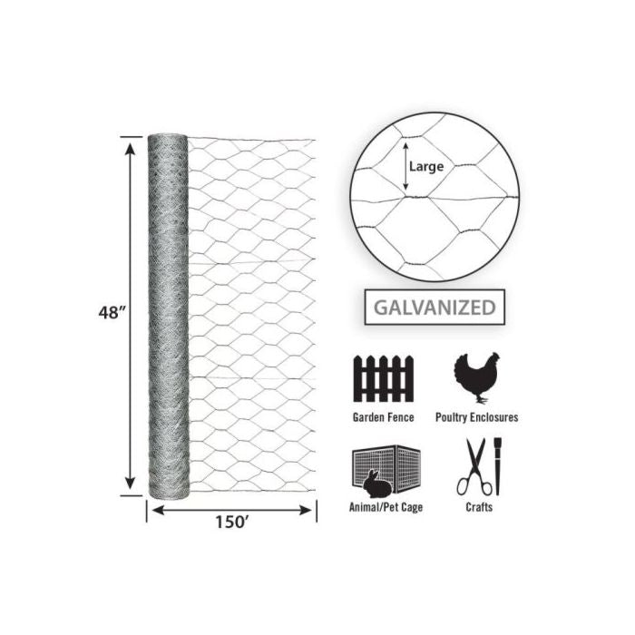 Garden Zone Garden Craft Galvanized Poultry Netting, 48in x 150ft, 2in Hexagonal Openings