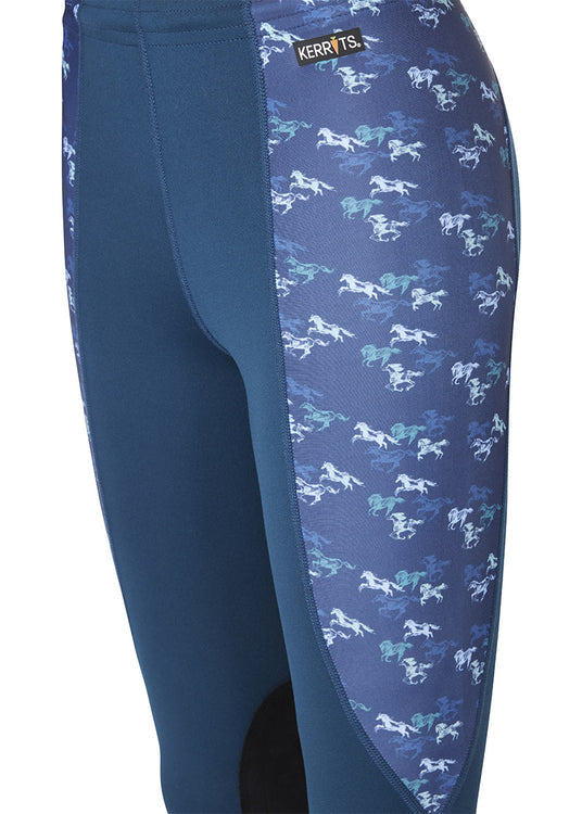 Kerrits Equestrian Apparel Kids Performance Knee Patch Riding Tight Lagoon & Ink Mini Run Free Multi