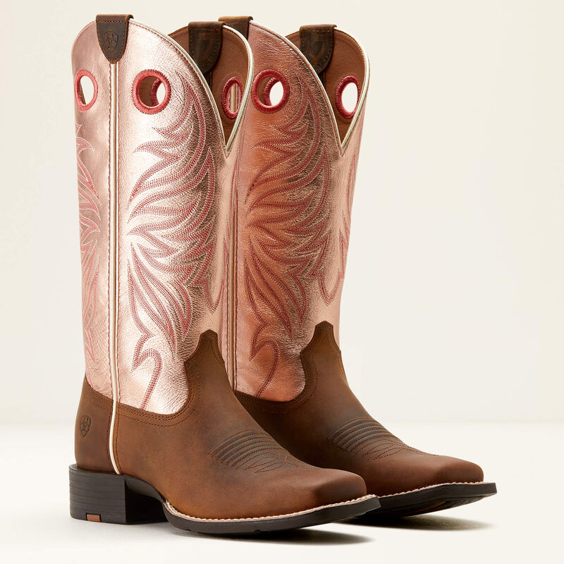 Ariat Women's Round Up Ryder Western Boot - Distressed Brown & Golden Pink