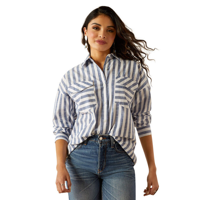 10054541 Wms Baggy Button Up Shirt - Coastal Stripe Coastal stripe