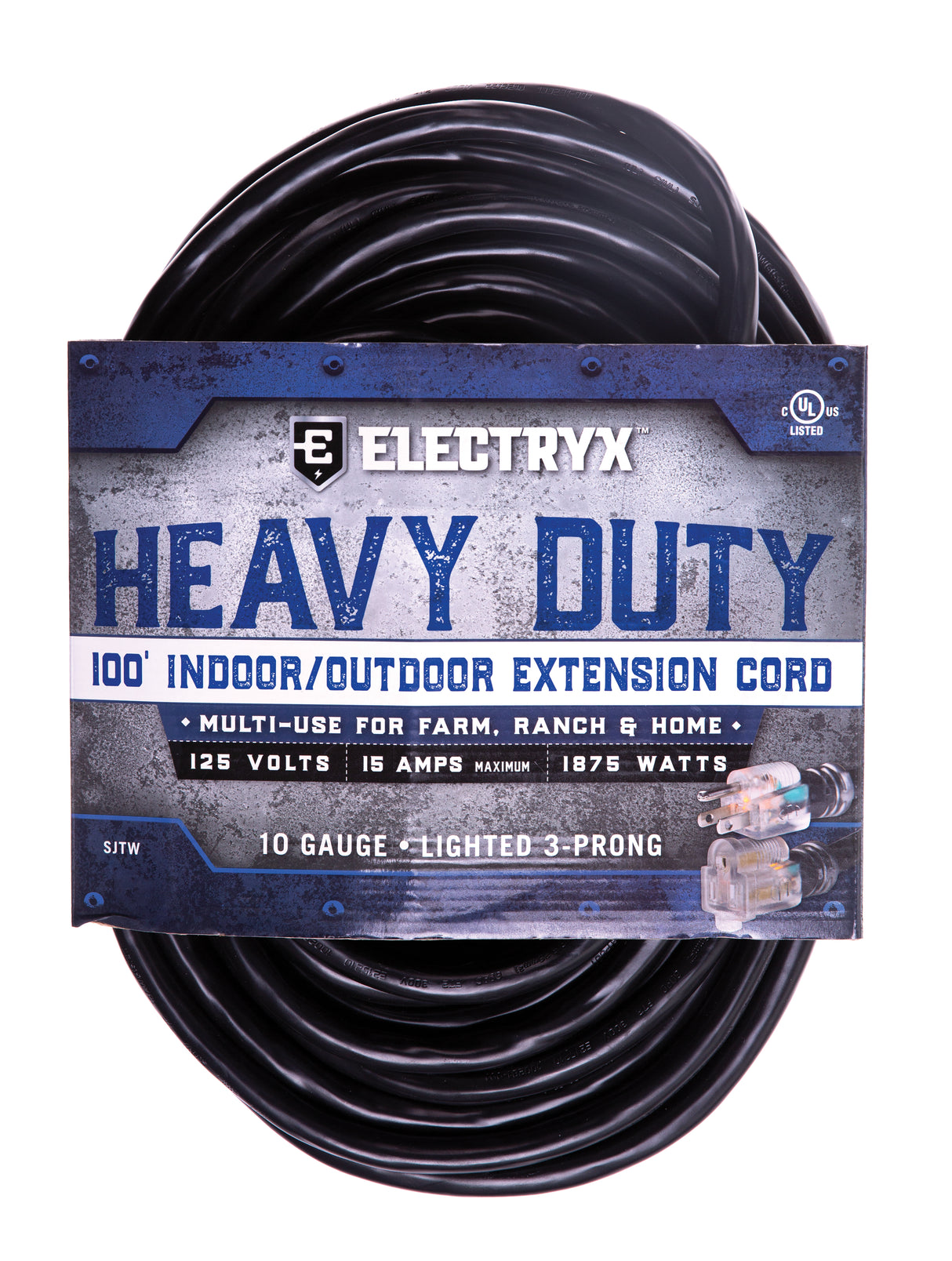 Electryx Heavy Duty Indoor/Outdoor Extension Cord - 10 Gauge - Black 100FT / Black