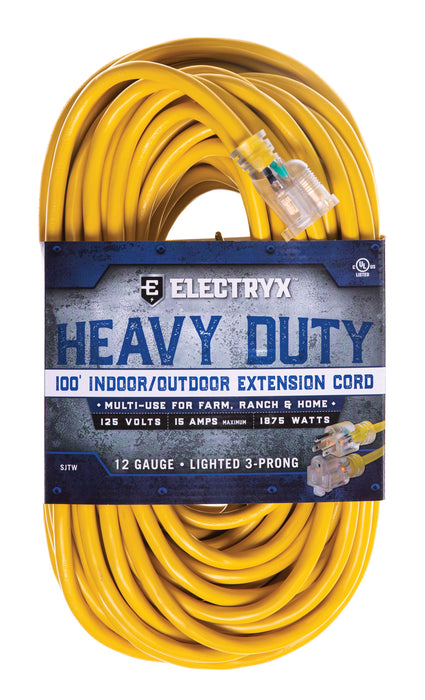 Electryx Heavy Duty Indoor/Outdoor Extension Cord - 12 Gauge - Yellow 100FT / Yellow