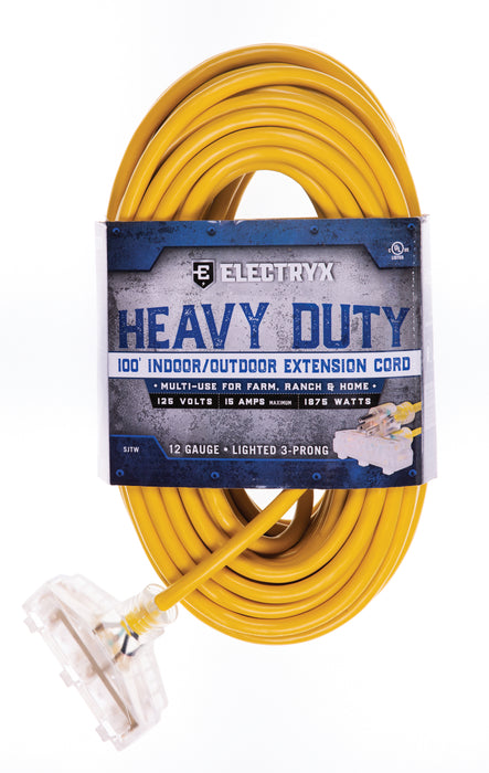 Electryx Heavy Duty Indoor/Outdoor 3 Plug Extension Cord - 12 Gauge - Yellow 100FT / Yellow