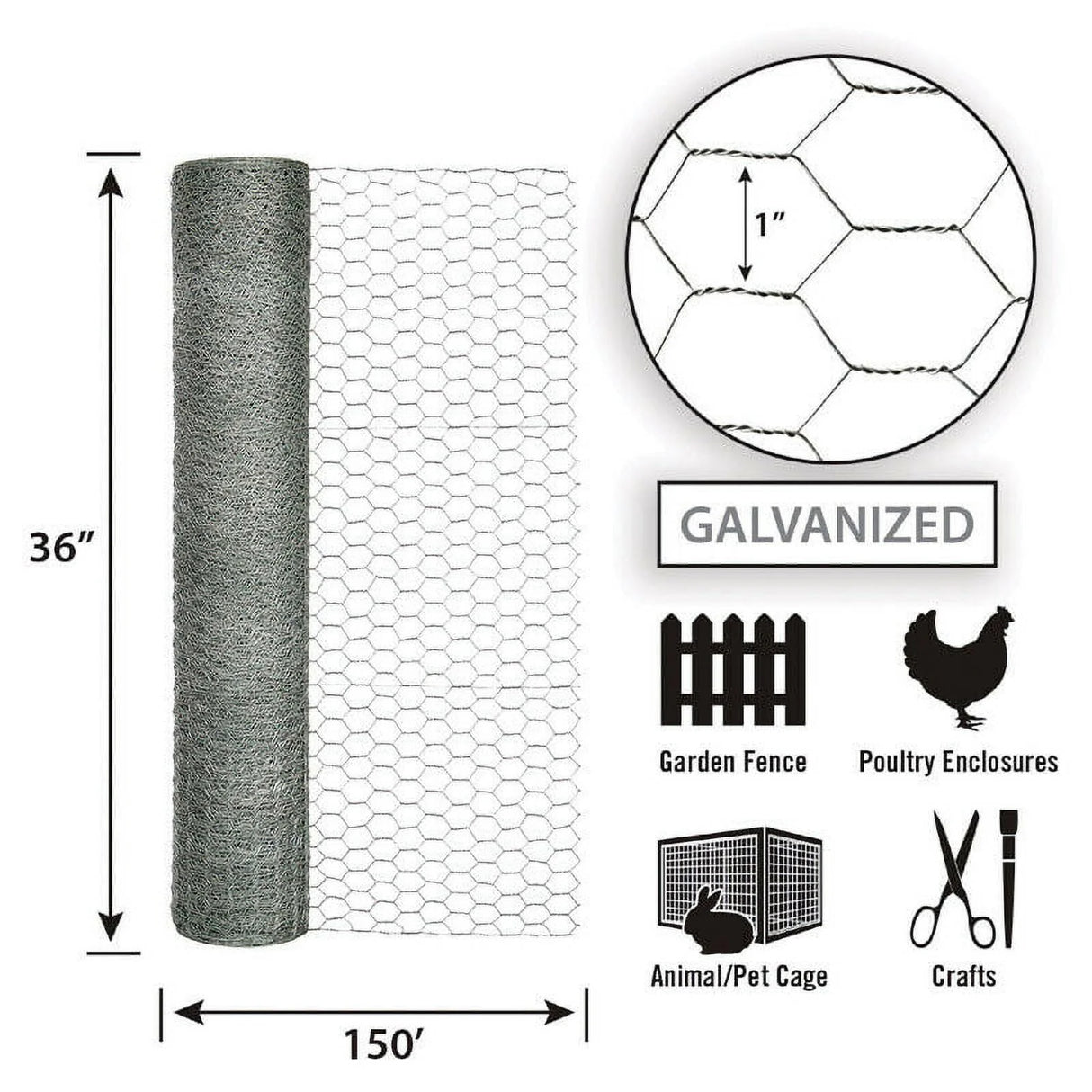 Garden Zone Garden Craft Galvanized Poultry Netting, 36in x 150ft, 1in Hexagonal Openings