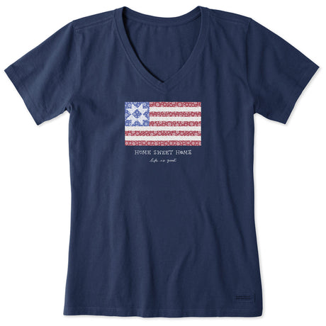 Life Is Good Womens Home Sweet Home Quilted Flag Short Sleeve Crusher-LITE Vee - Darkest Blue Darkest Blue