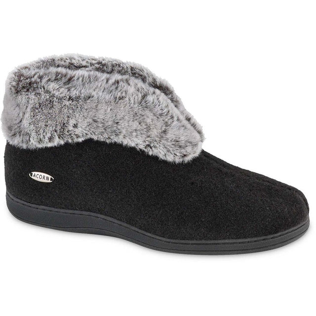 Acorn Women's Faux Fur Chinchilla Bootie Slipper with Indoor/Outdoor Sole Black