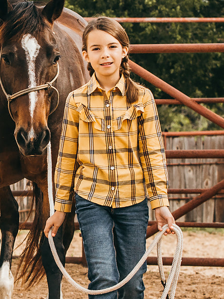 Wrangler Girl's Long Sleeve Ruffle Front Western Snap Shirt In Dandelion N/a