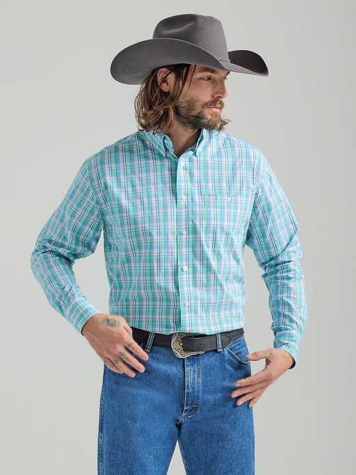 Wrangler Men's George Strait Long Sleeve Button Down One Pocket Plaid Shirt In Teal Floral Teal/white
