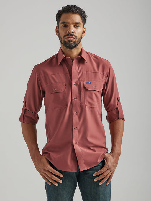 Men's Wrangler Performance Button Front Long Sleeve Solid Shirt In Red Solid Red solid
