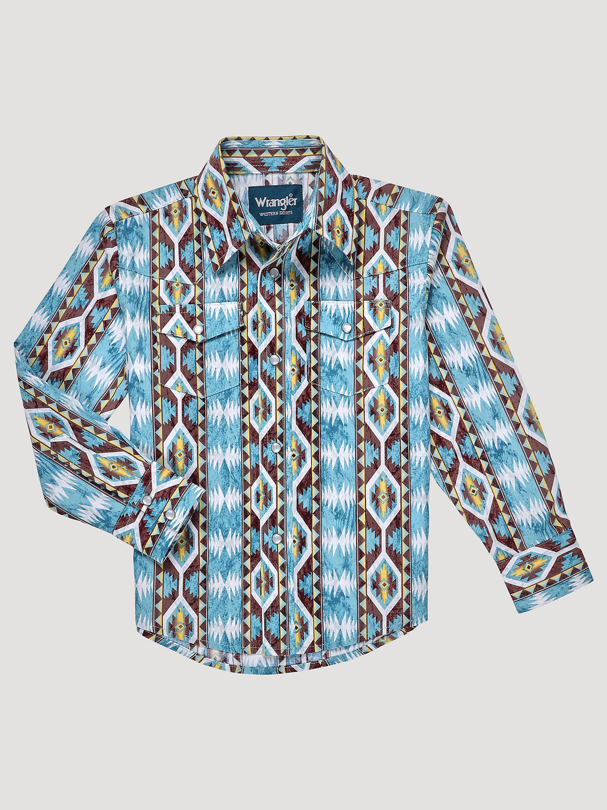 Wrangler Boy's Checotah Long Sleeve Western Snap Shirt In Dusty Blue Diamond Dust blu diamond