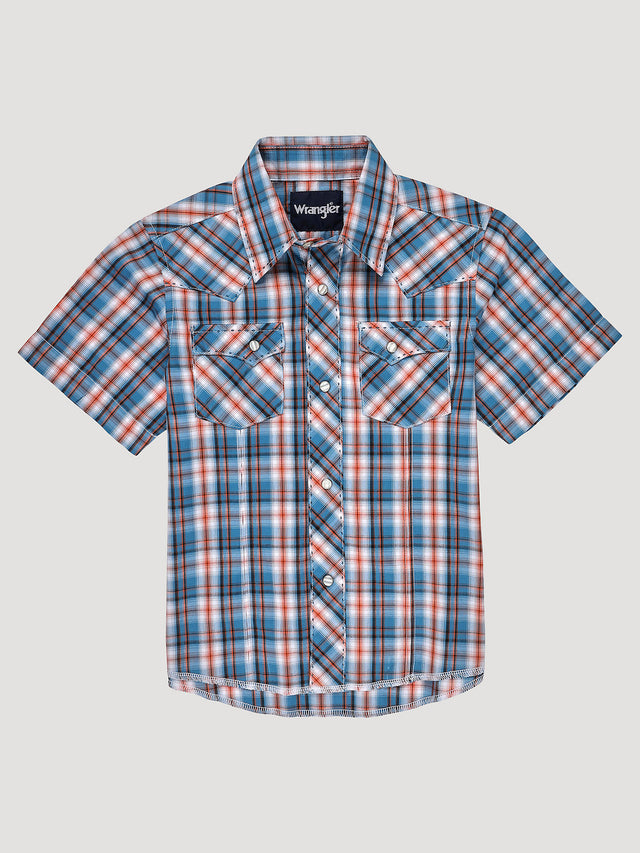 Wrangler Boy's Short Sleeve Fashion Western Snap Plaid Shirt In Sunset Blue Sunset blue