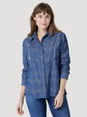 Women's Wrangler Retro Subtle Fray Western Snap Shirt In Indigo Denim